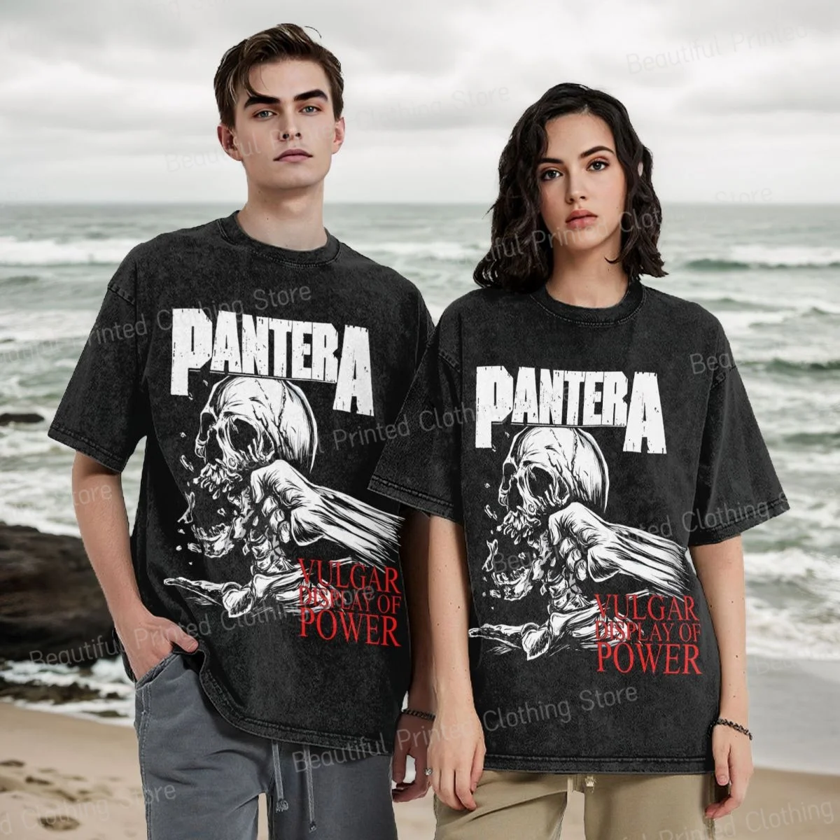 Rock Art Skull 100% Cotton Washed T-shirt Pantera Print Men's Women's T-Shirts Loose Oversized Short Tee