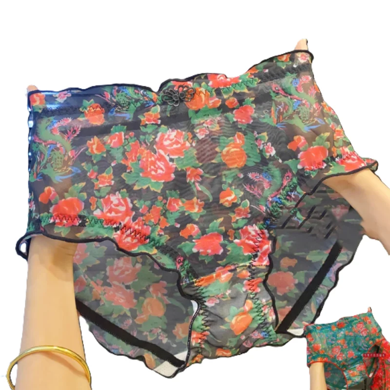

Women Thin Panties Plus Size Sissy Cute Intimates Soft Elastic Ruffle Bow Flower Print Briefs See Through Mesh Erotic Lingeries