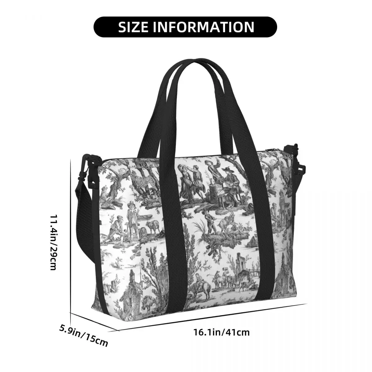 Custom Black And White Toile De Jouy Beach Tote Bag Women Extra Large Gym Carry On French Motifs Floral Travel Shopping Bags