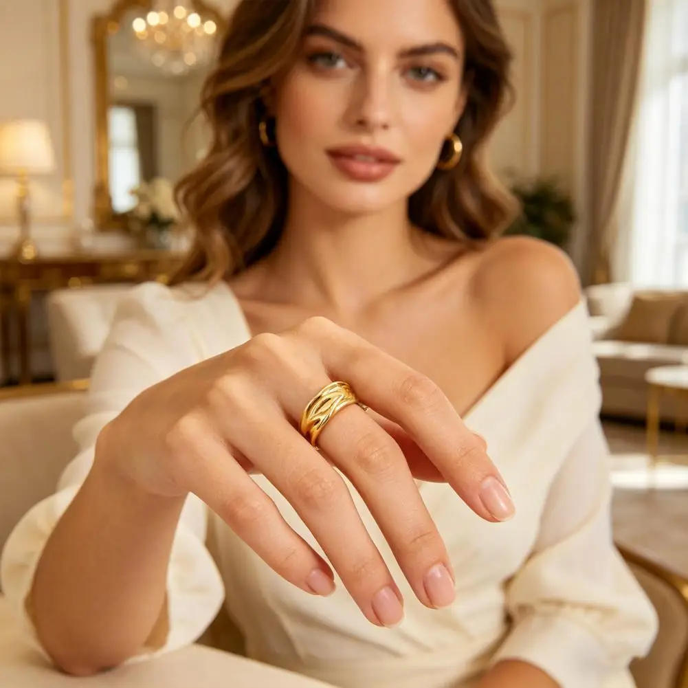 Gold Plated Ring Adjustable Silver Ring for Women Lightweight Open Band Ring Dainty Wave Curve Thumb with Exquisite