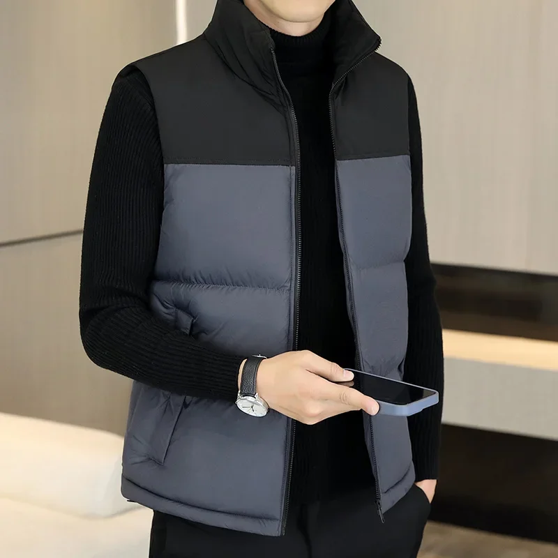 New Winter Man Sleeveless Vest Thickened Color Patchwork Fashion Zip-up Vest Mens Casual Oversize Male Coat