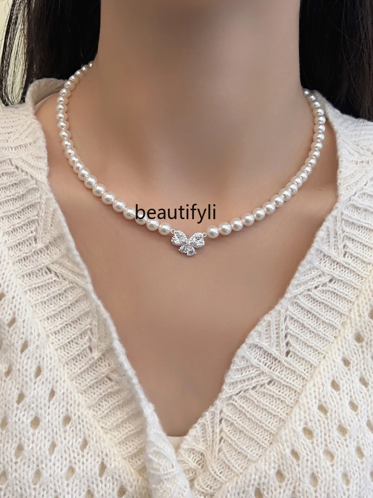 Zircon butterfly pearl necklace women's niche high-end sense light luxury collarbone chain temperament neck chain