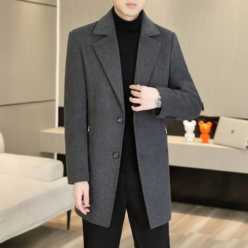 

Korean Fashion Woolen Coat Men 2023 Winter Solid Color Long Casual Business Trench Coat Slim Fit Windproof Office Social Jacket