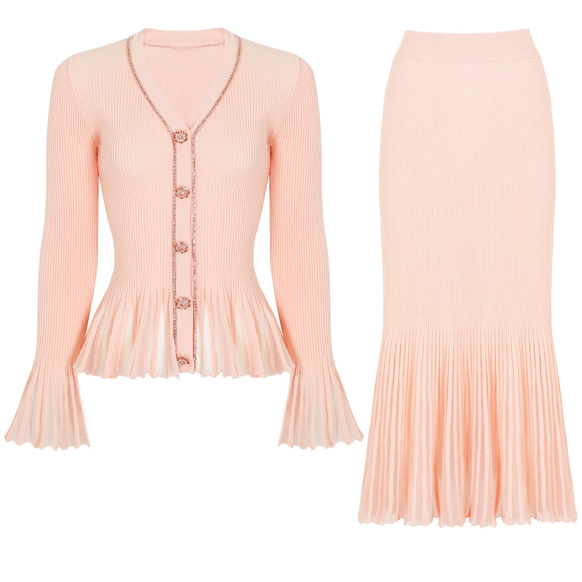 26281 High Quality Autumn New Temperament Commuting Women Knitted V Neck Nail Drill Trumpet Sleeve Top Jacket Skirt Set