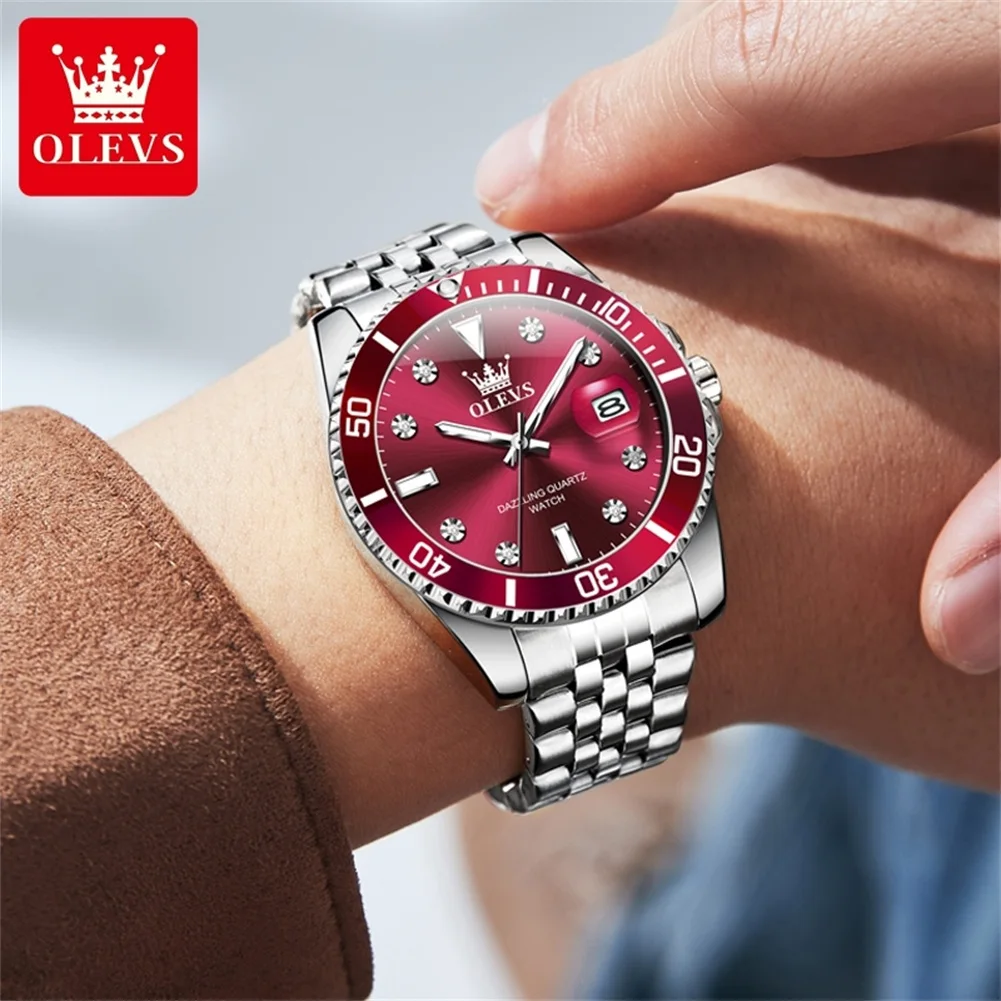 OLEVS jam tangan pria, jam tangan pria seri kapal selam, Bezel rotasi waktu satu arah, Quartz Analog asli