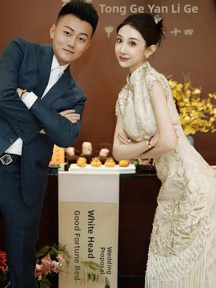 

Champagne Color Wedding Dr Sle Engagement Ceremony Chinese New Sle Dr Robe for Women Beautiful Luxury