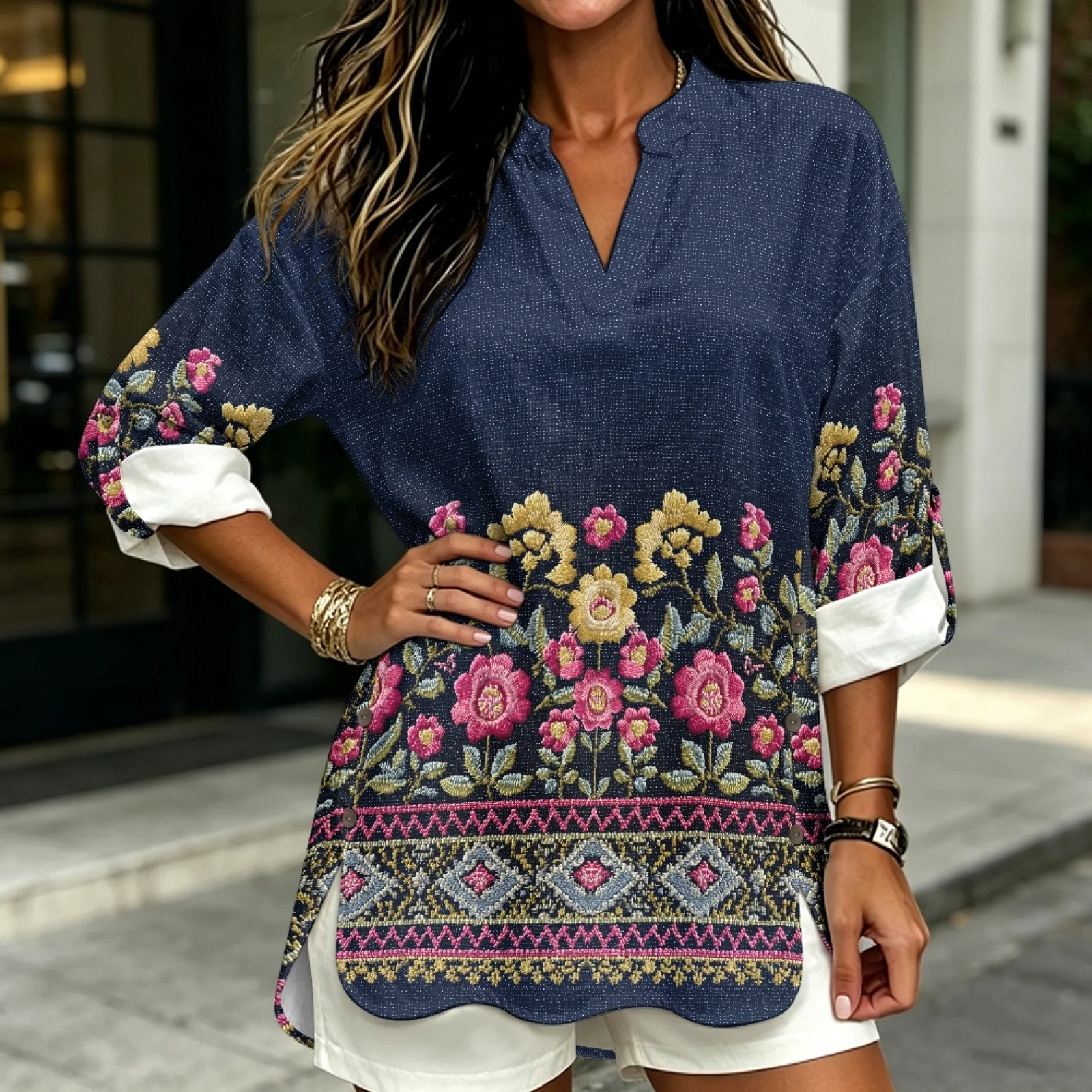 PENSTROLL Roll-Up Linen Like Casual Blouses Breathable V Neck Blouse for Party Vintage Floral Border Print