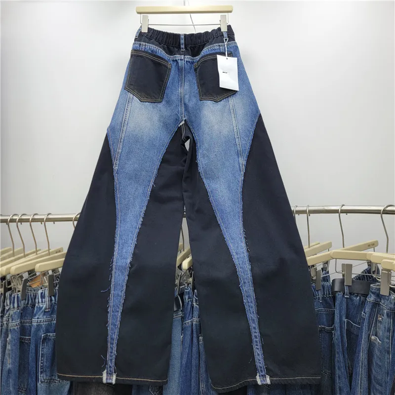 Streetwear Color-blocking Tassel Wide Leg Jeans 2026 New Autumn All-match High Waist Straight Pants Handsome Long Denim Trousers