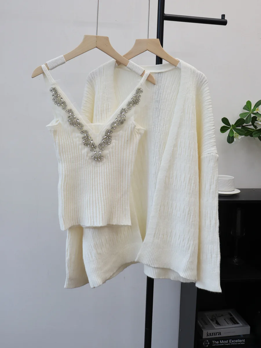 

Korean Fashion Autumn Two-Piece Set Sexy Sequin Strap Vest Knitted Vest Long Sleeve Cardigan Coat Knitwear Outerwear