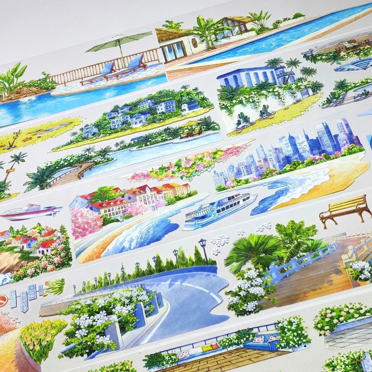 JingWuZhi PET Washi Tape, Modern Summer Seaside Landscape, Beach Bay Castle Vacation Decor Tape for Journal Scrapbook