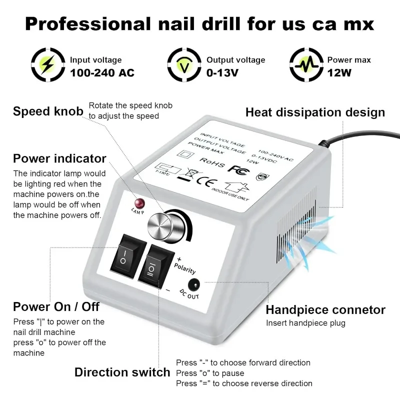 Profesjonalny zestaw wierteł do manicure do usuwania lakieru żelowego, kształtowania paznokci i pilnika - niski poziom hałasu, łatwy w użyciu