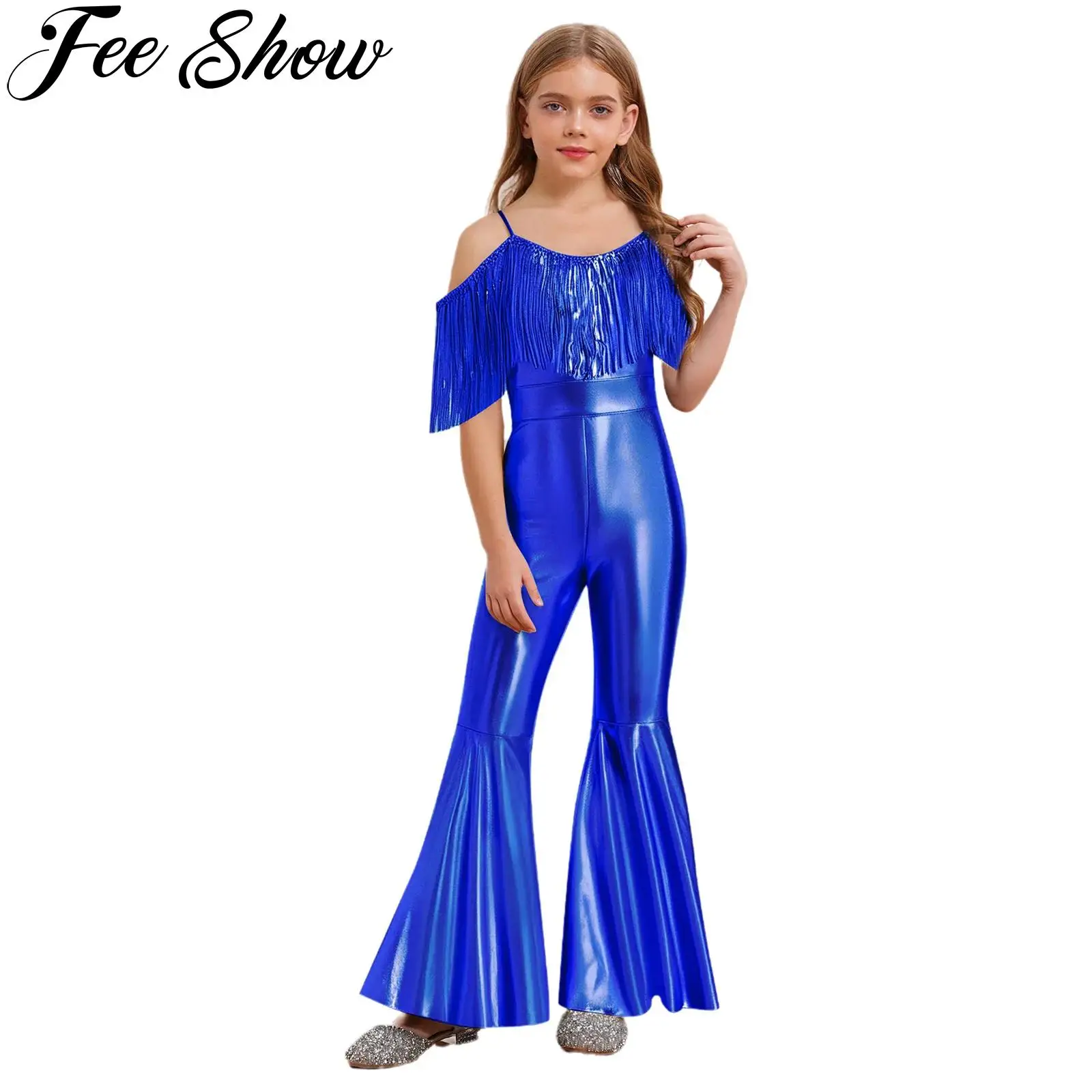 

Kids Girls Metallic Shiny Jazz Dance Jumpsuit Sequin Tassels High Waist Flared Bodysuit Banquet Pageant Club Party Dancewear