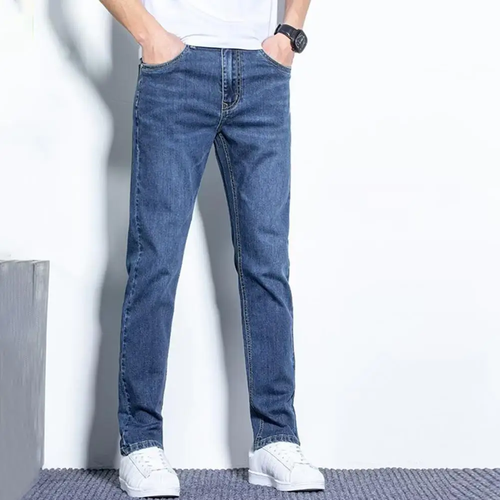 Solid Color Splicing Men Jeans Stylish Men's Denim Jeans with Button Zipper Closure Pockets Mid-rise Solid Color for A