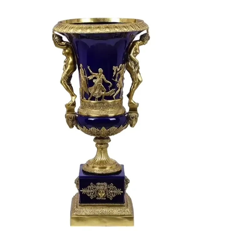 Modern Blue and White Ceramic Art Deco Flower Vase and Brass Ornament for Home Decoration