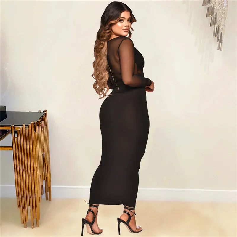 Sexy malha sheer clube vestidos para mulheres festa de aniversário roupas elegante manga longa retalhos meia-noite bodycon maxi vestido