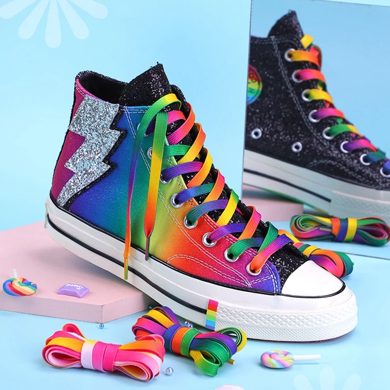 1Pair Rainbow Laces Flat Shoelaces Casual Canvas Shoes Kids Adult Colorful Shoelace Print Gradient Rope Lace Shoes Accessories