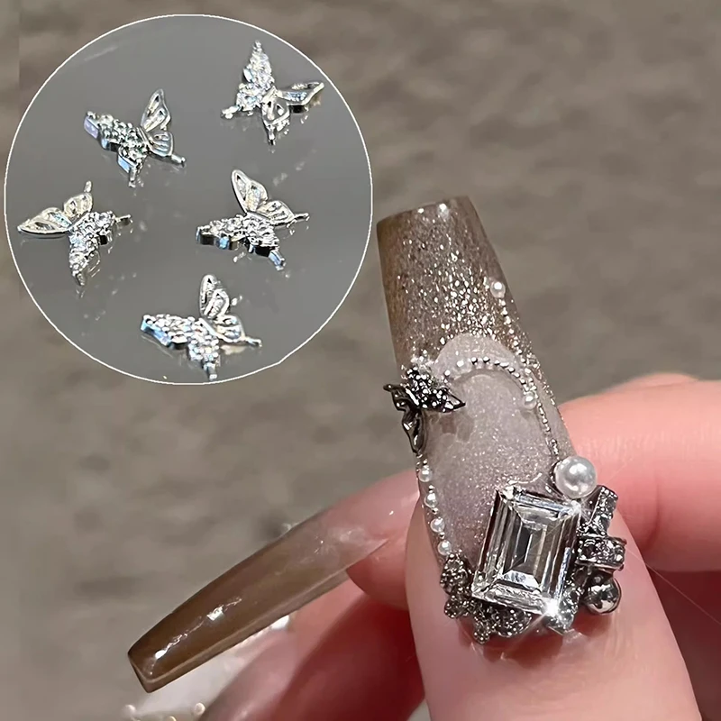 5Pcs 3D Silver Butterfly Nail Diamond Jewel Sparking Butterfly Ornament DIY Nail Art Decoration Accessories