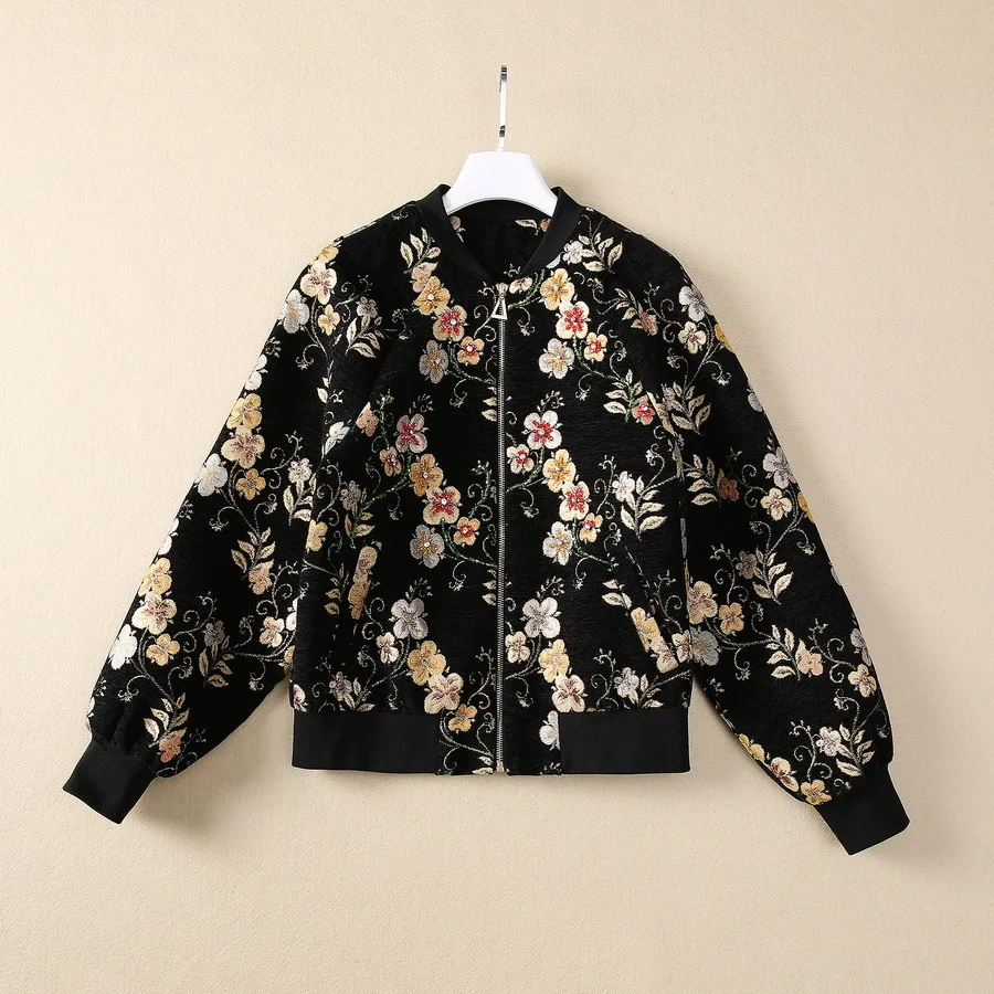 

Europe and the United States women's 2024 autumn new Long sleeve studded black flower jacquard zipper fashion Short jacket