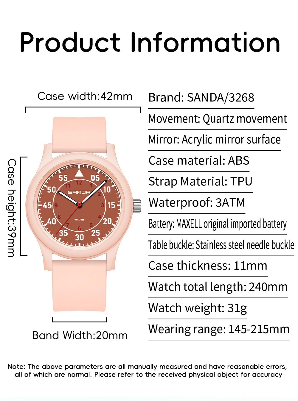 SANDA 3268 유행 여성 학생 쿼츠 시계, 방수 야광 심플 포인터, 여성 에디션