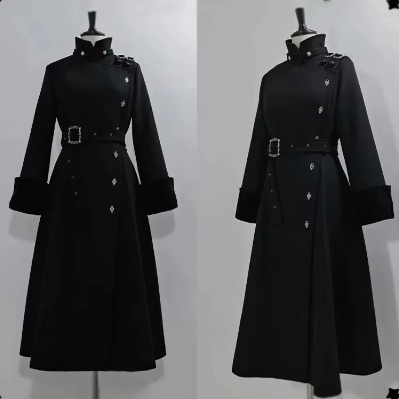 2027 Winter Gothic Belted Slim Mid Length Wool Coat Black Elegant Patchwork Trench High Street Office Lady Casual Jackets New
