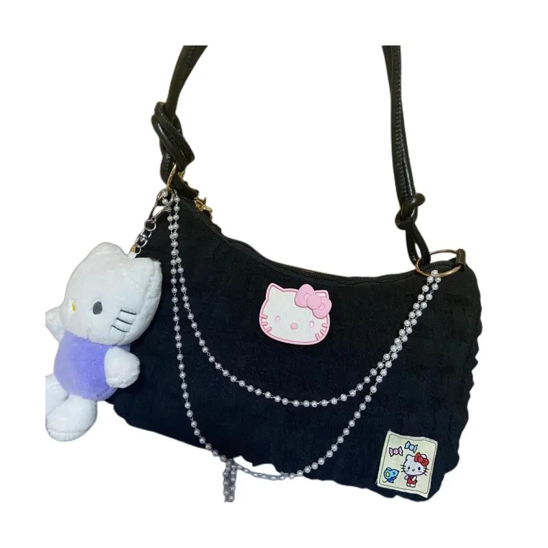 Sanrio-Bolso de hombro con cadena de perlas para niña, bolsa de mano con contraste de Color de Hello Kitty, a la moda