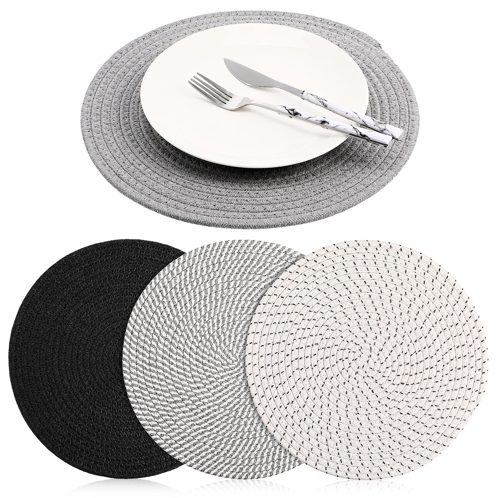 

4 pcs Cotton Rope Placemats Round Braided Woven Non Slip Dining Table Kitchen Hot Pads Trivets Coasters Safe Materials Easy