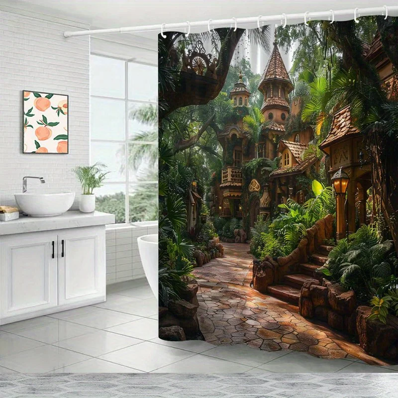1pc Enchanting Fairy-Tale Village Shower Curtain - Whimsical Thatched Roof Houses, Cobblestone Paths & Lush Tropical Greenery Sc