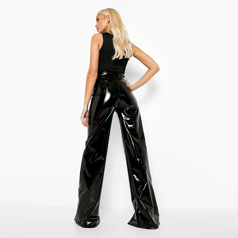 High Waist Faux Latex Wide Leg Pants Women Casual Stretch Loose Trousers Hem Split Office Lady PVC Leather Pants Clubwear Custom