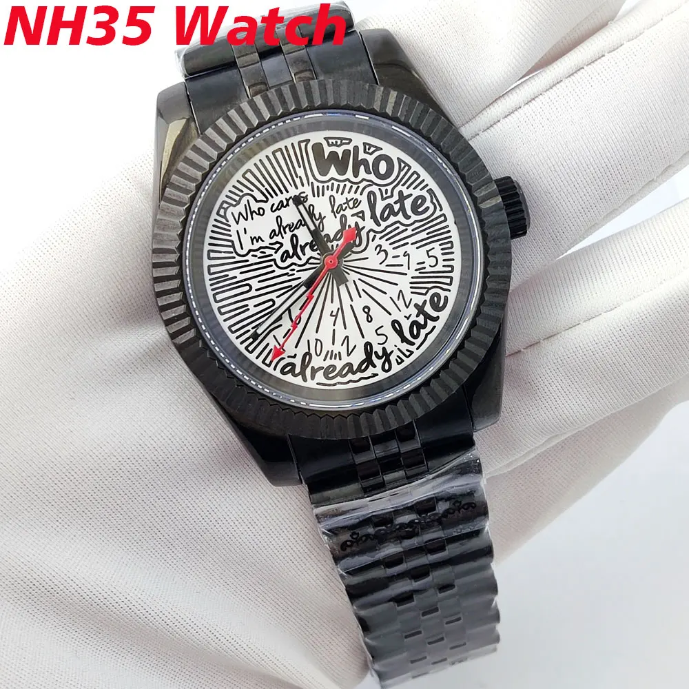 

Часы NH35 в стиле граффити с надписью "Who Cares I'm already Late", 39 мм/36 мм, с сапфировым стеклом, из нержавеющей стали, мужские часы