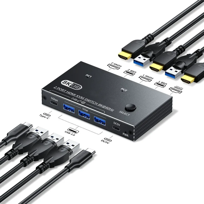 2 Port HDMI KVM Switch 8K60Hz USB3.0 Sharing Adapter Share Monitor Keyboard Mouse Printer Plug and Play