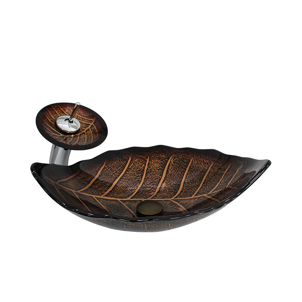 j* Antique Leaf Shape Bathroom Sinks Art Tempered Glass Washing Basin