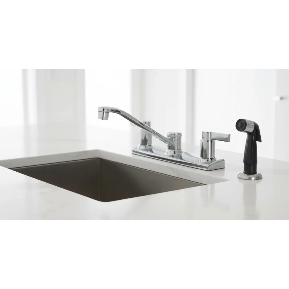 

Elegant 8-Inch Centerset Kitchen Faucet with Black Sprayer, Polished Chrome Finish for Modern Homes