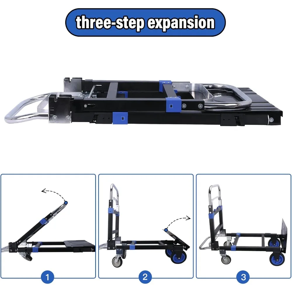 Enhanced 3-in-1 Folding Cart, 600-Pound Capacity, Sturdy Dual-Purpose Trolley with Telescoping Handle and Four Rubber Tires
