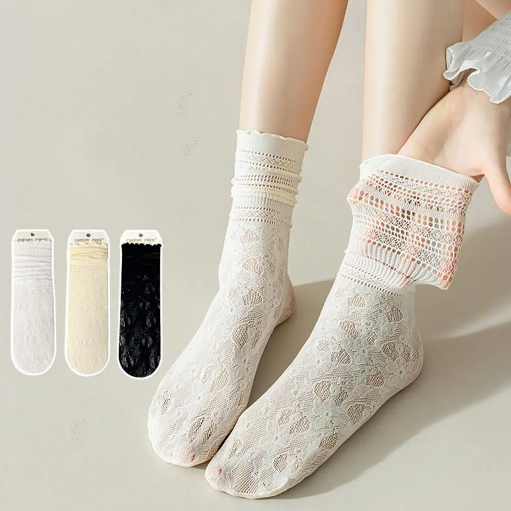 Nylonsocken Elegante Spitzen-Damen-Mid-Tube-Socken mit Anti-Rutsch-Design, hohe Elastizität, Schweißabsorption für den täglichen Gebrauch, Spitzenflor