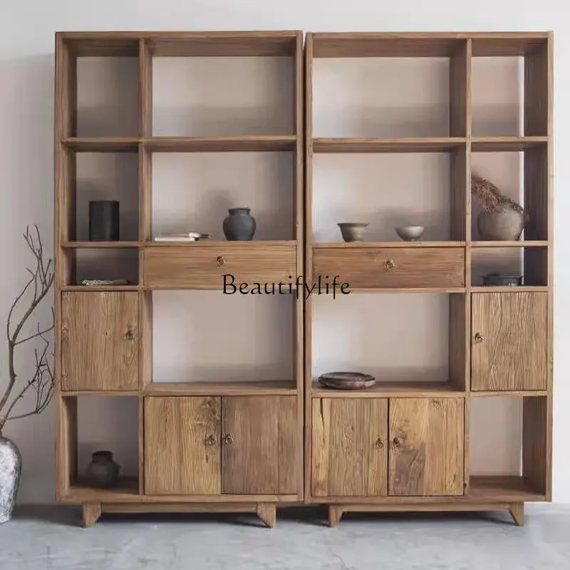 

ld14 Solid wood Bogu shelf Elm bookshelf Bookcase Tea room storage