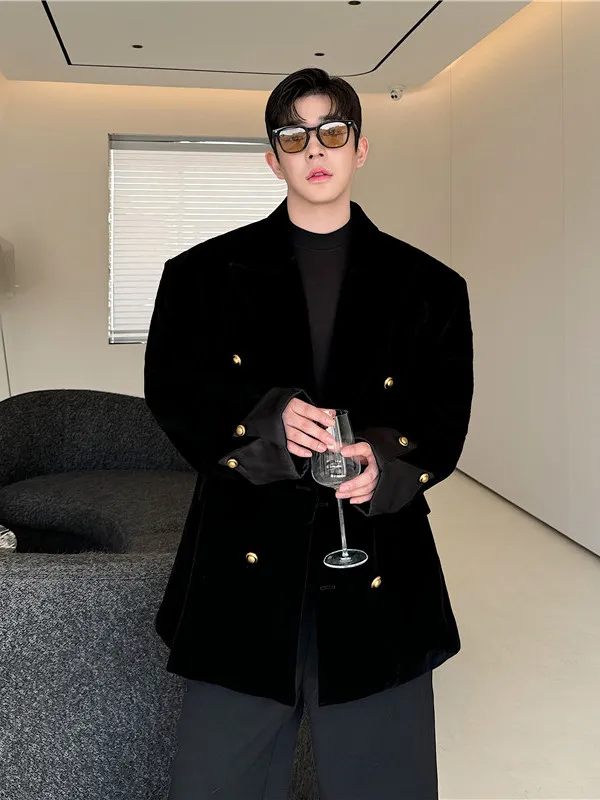 Trendy Velvet Double-Breasted Autumn Winter Men's Suit Jacket Korean Style Casual Fashionable Vintage Popular Long Sleeve Coat