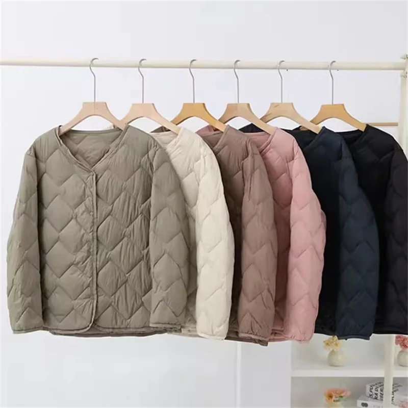 Autumn Winter Women Short Down Coat V Neck Warm Light Thin White Duck Down Jacket Female Single Breasted Bigsize Parkas Outwears