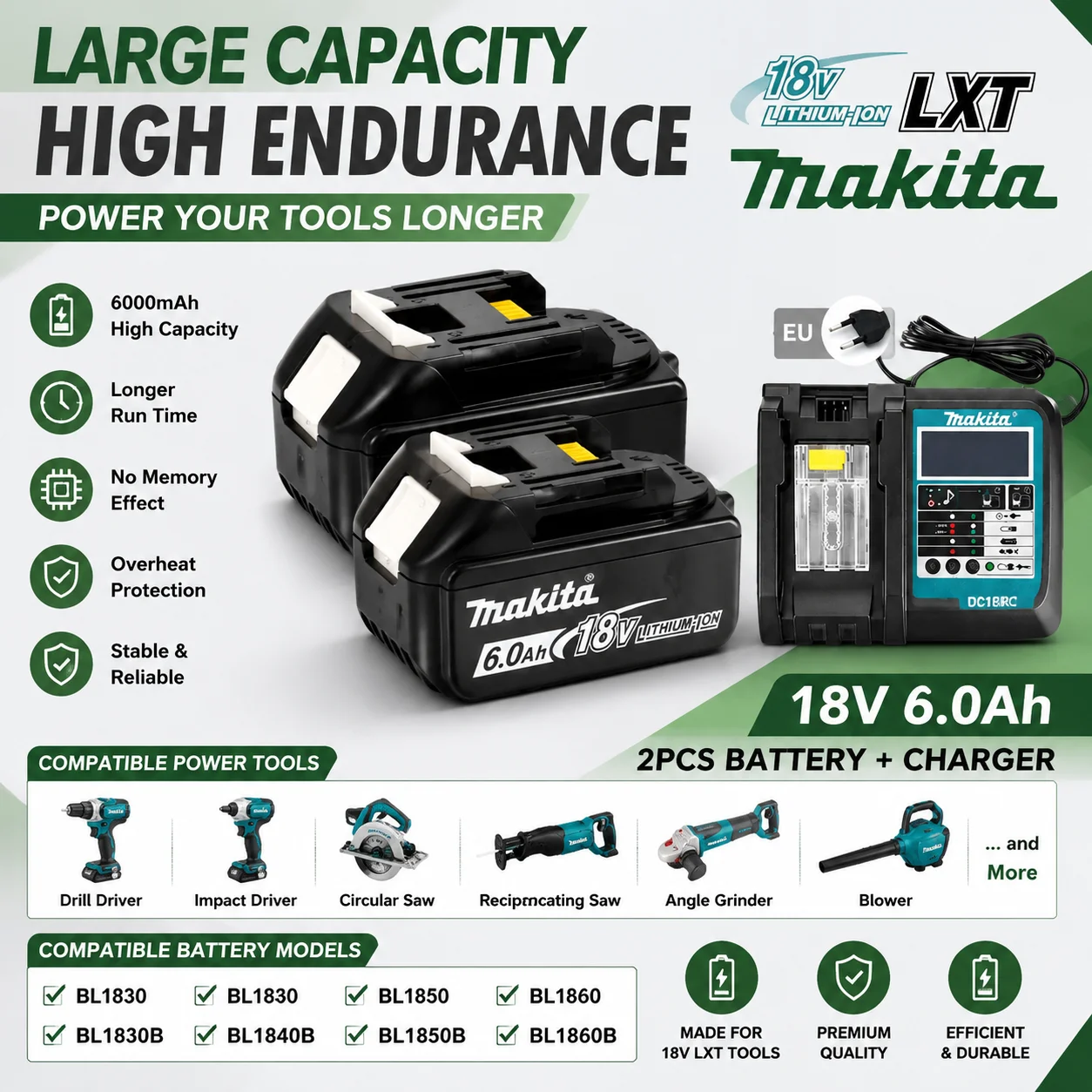 Batería Recargable Makita de 18V y 6000mAh, Compatible con Taladro, Atornillador, Sierra Circular, Soplador DGA504Z DGA506, BL1830 BL1850