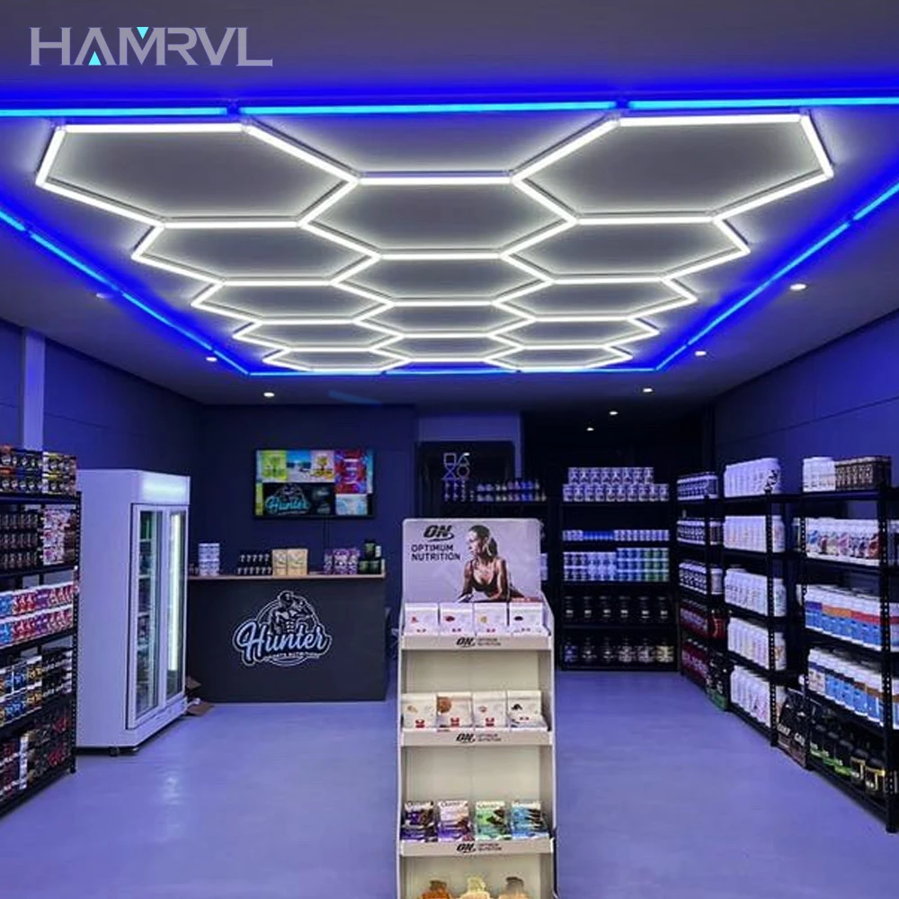 Barbershop Hair Salon Led Ceiling Hexagonal garage Lights RGB Blue Border Honeycomb Lamp Colorful Cafe Gym Store Decor Lighting