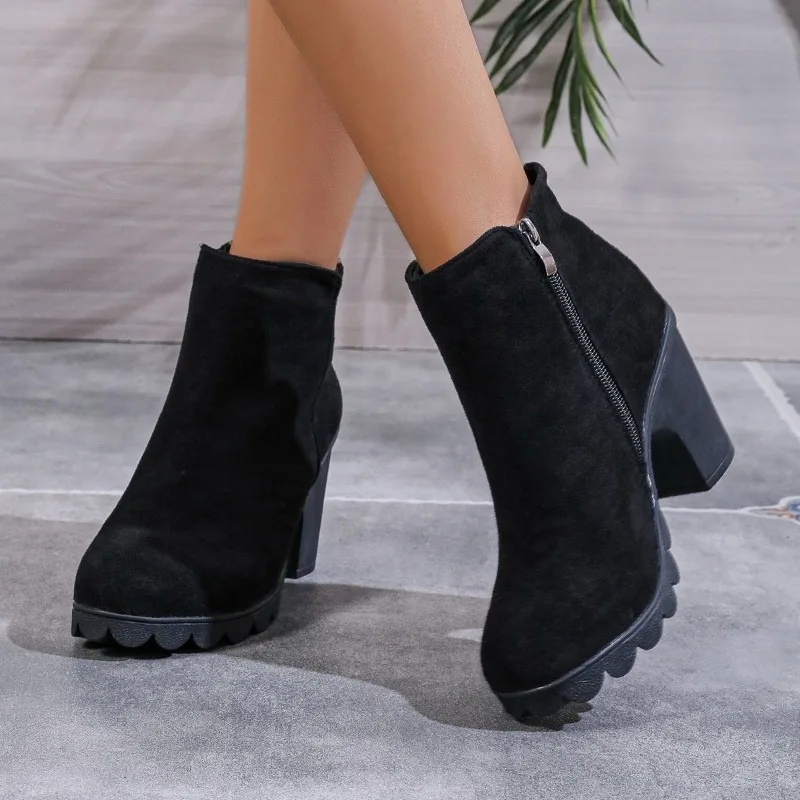 Ankle boots femininos de dedo do pé redondo, sapatos com zíper lateral, monocromático, tamanho positivo, escritório e carreira, alta qualidade, novo, moda, 2024