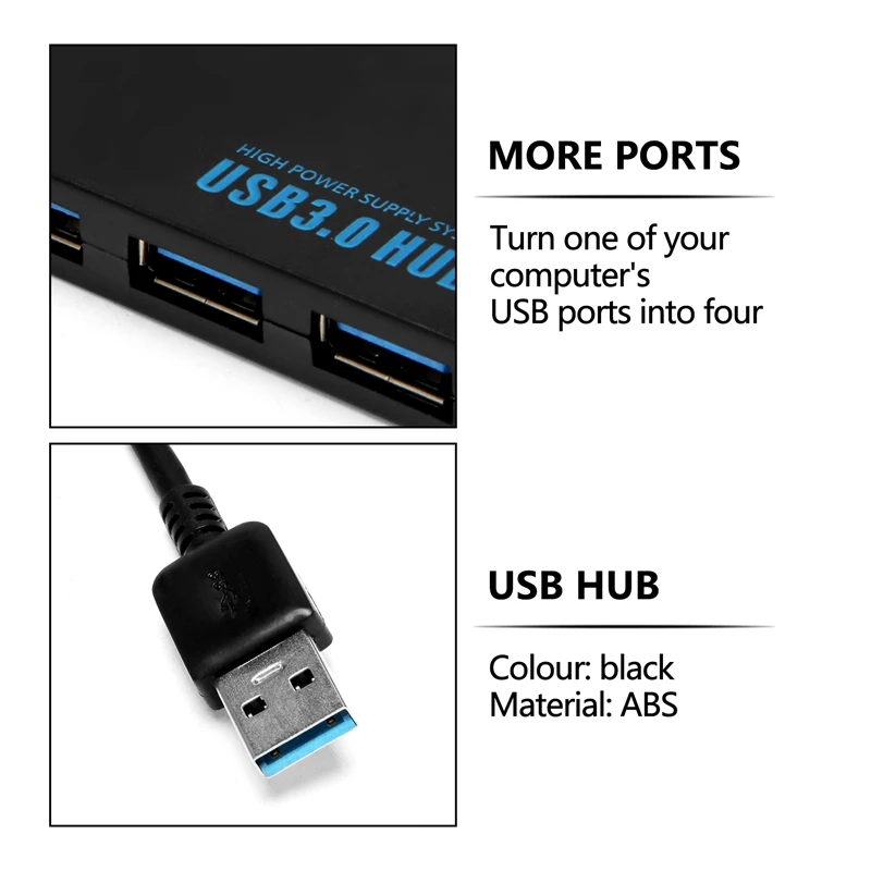 RISE-USB Hub, 4-Port Ultra-Slim USB 3.0 Hub Portable Adapter High Speed Expansion Multi USB Hub Splitter Lead Adapter Cable