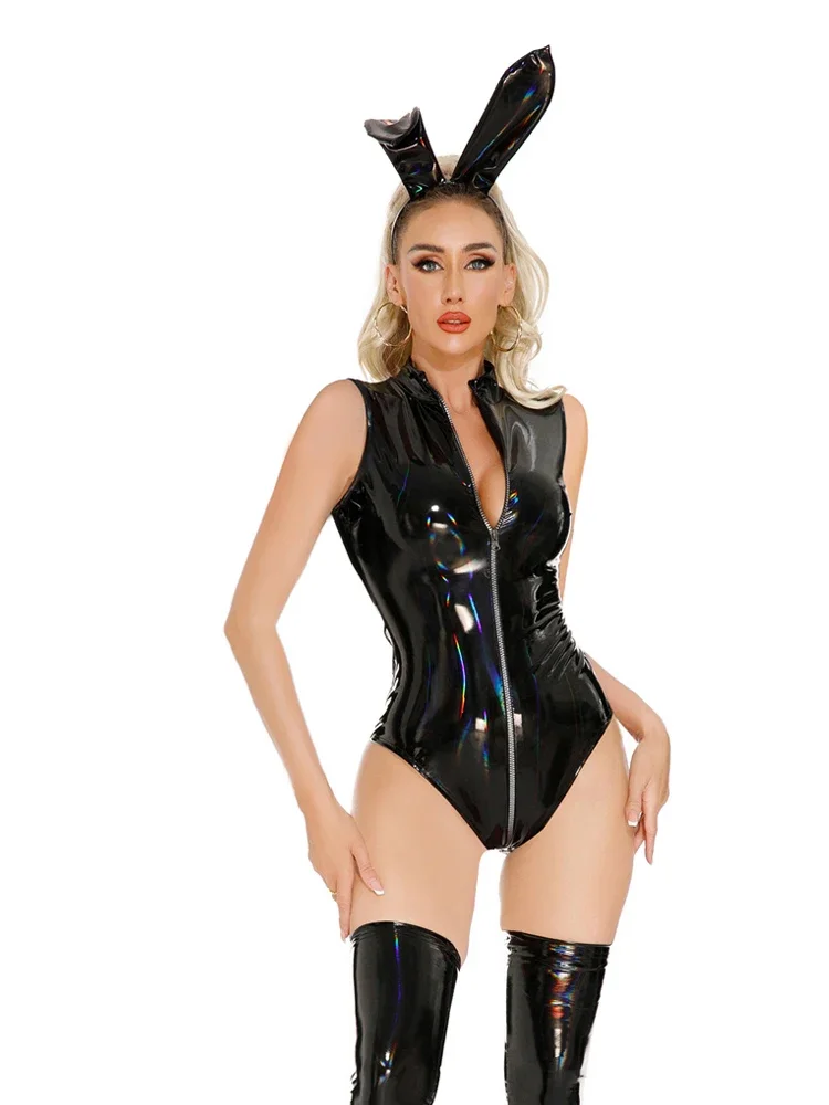 Langer Reißverschluss mit offenem Schritt, Damen-Strumpfhose aus glänzendem PVC-Leder, Öl-PU-Kunstleder, elastisch, für den Nachtclub, trägt ärmelloses Trikot