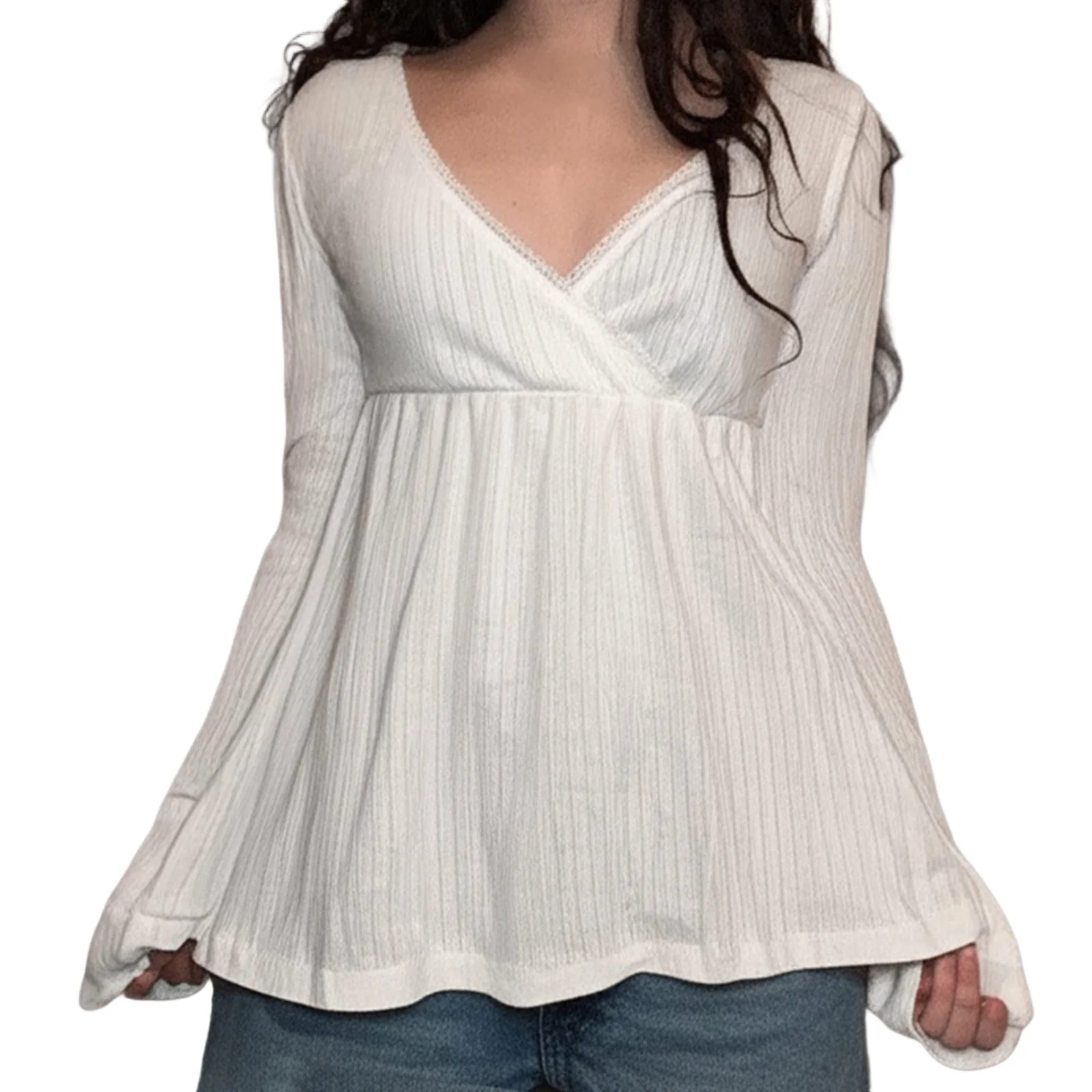 

Женские осенние топы с длинными рукавами, однотонные, с V-образным вырезом, с кружевной отделкой, облегающие футболки, повседневные рубашки