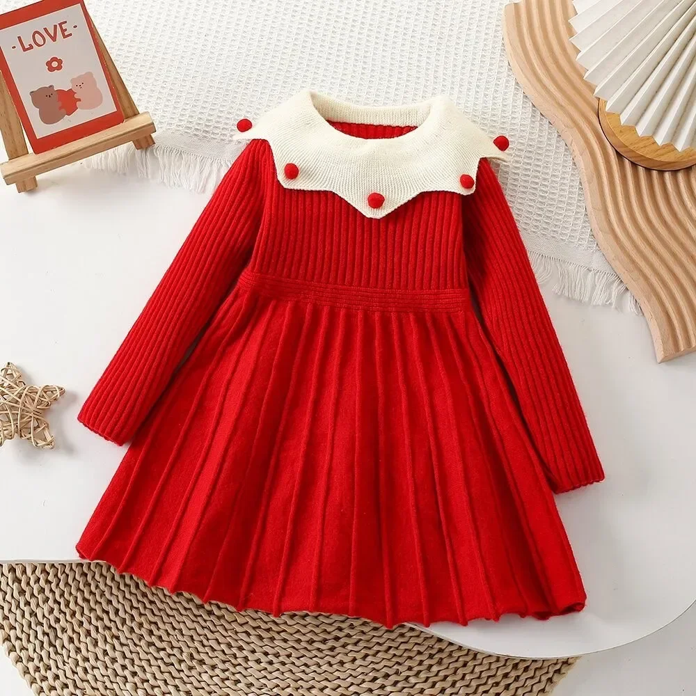

Christmas Winter New 3-7 Year Old Children White-collar Knitted Sweater Red Dress New Year Girls' Clothes Sweet and Cute