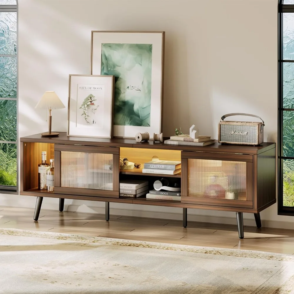 

TV Stand for 75 Inch TVs, 63” LED Entertainment Center with Sliding Acylic Doors, Mid Century Modern TVs Console, TV Stand