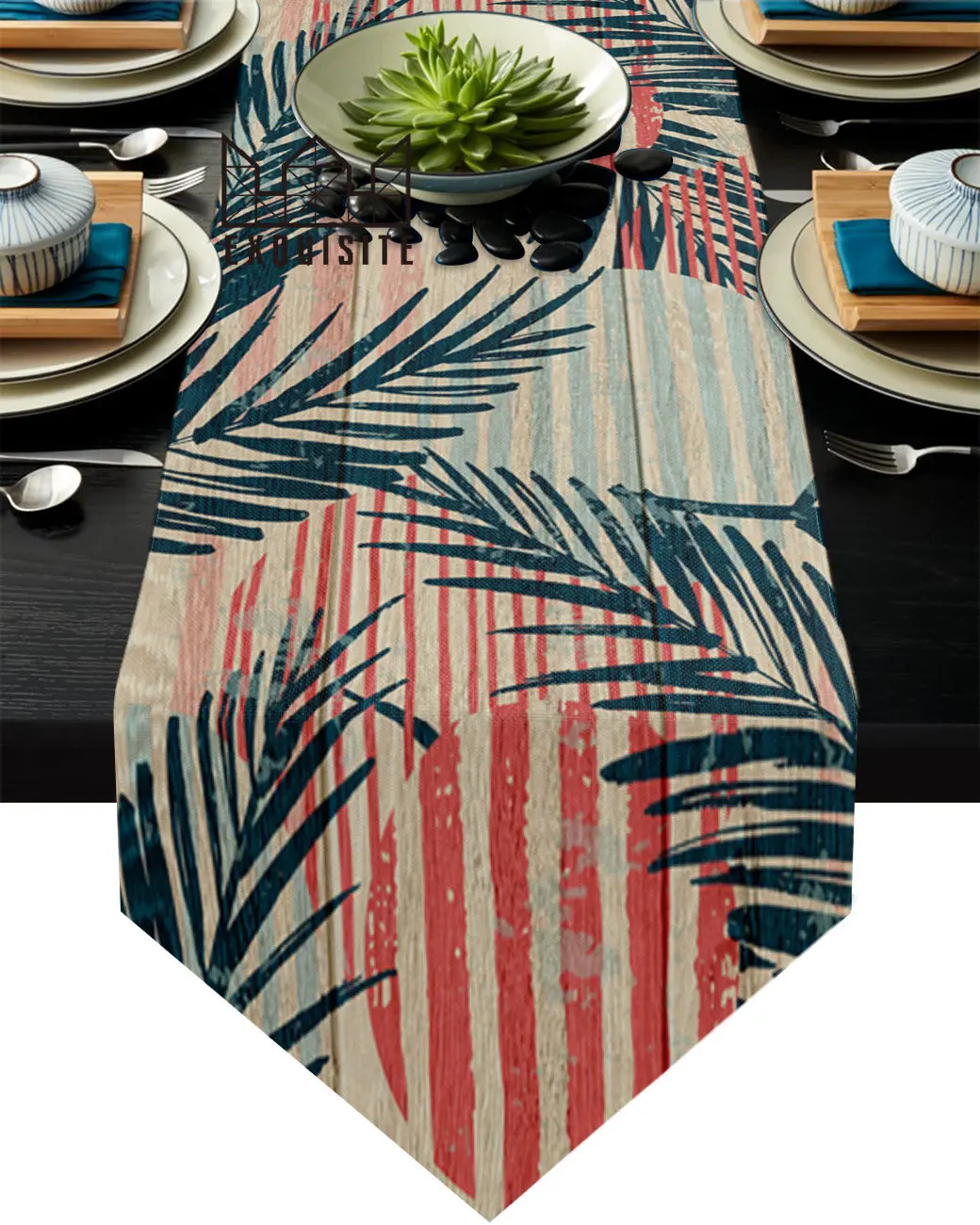 1pcs Wood Grain Tropical Plants Stripes Table Runner For Home Wedding Banquet Festival Party Hotel Table Cover Table Decoration