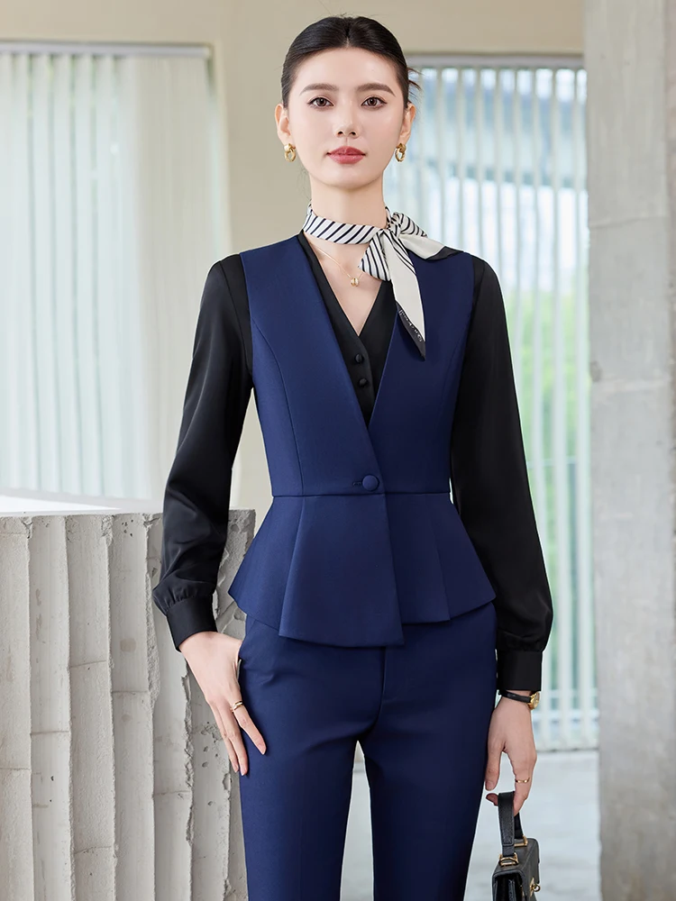 Ele Blue Suit Vest Women's 2025 New Spring Autumn One Button Outerwear Profional Clothing Set Polyester Fabric V-Ne