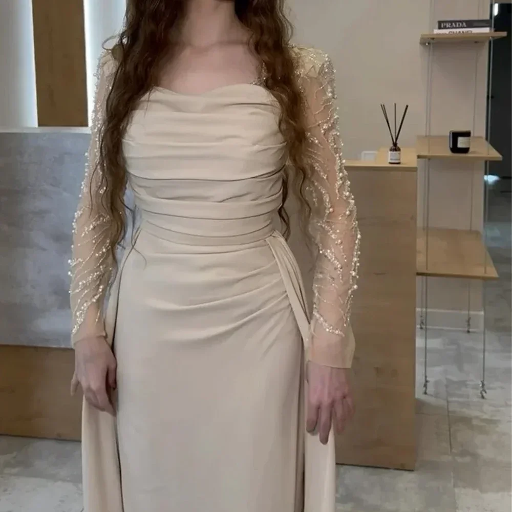 Customized Prom Dresses Women Gown Formal Square Collar Column Floor Length Skirts Shirred Draped Beading Pearl Bespoke