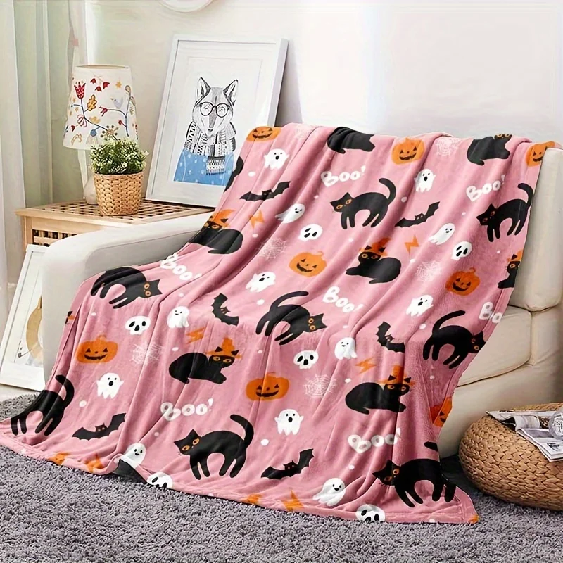Cozy Halloween Kitten & Pumpkin Flannel Throw Blanket - Soft, Warm, Lightweight for Couch, Bed, Travel, Camping, Office Chair -