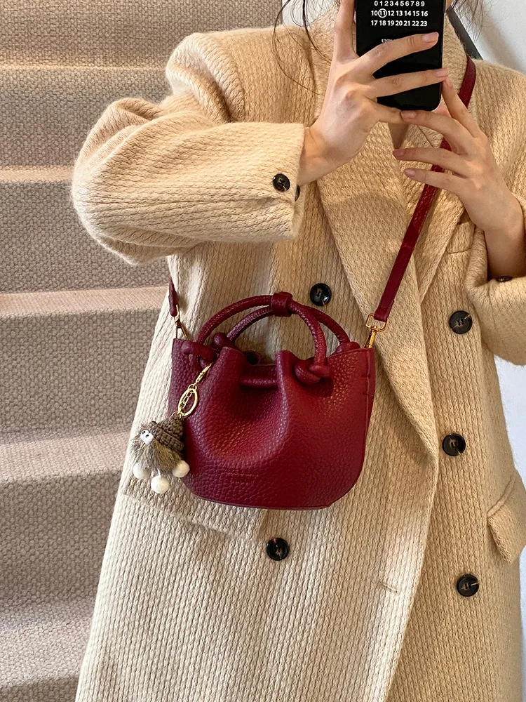 2026 New Mini Bucket Bag for Women Lightweight Crossbody Bag with Plush Charm Casual PU Leather Handbag - view 4